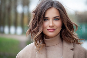 Beautiful brunette woman with styled, textured long bob haircut